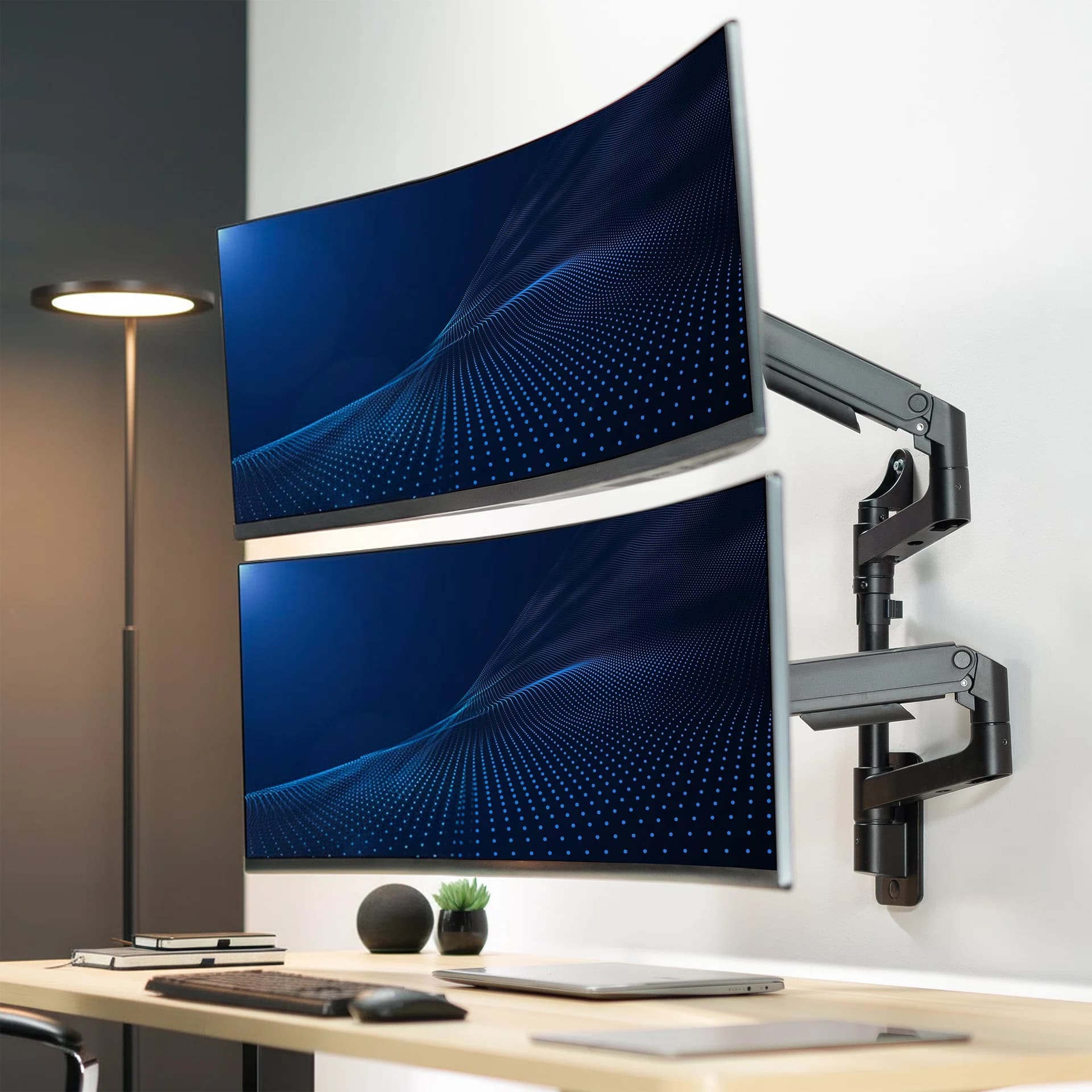 Pneumatic Arm Dual Ultrawide Monitor Wall Mount - Up to 49" Screens