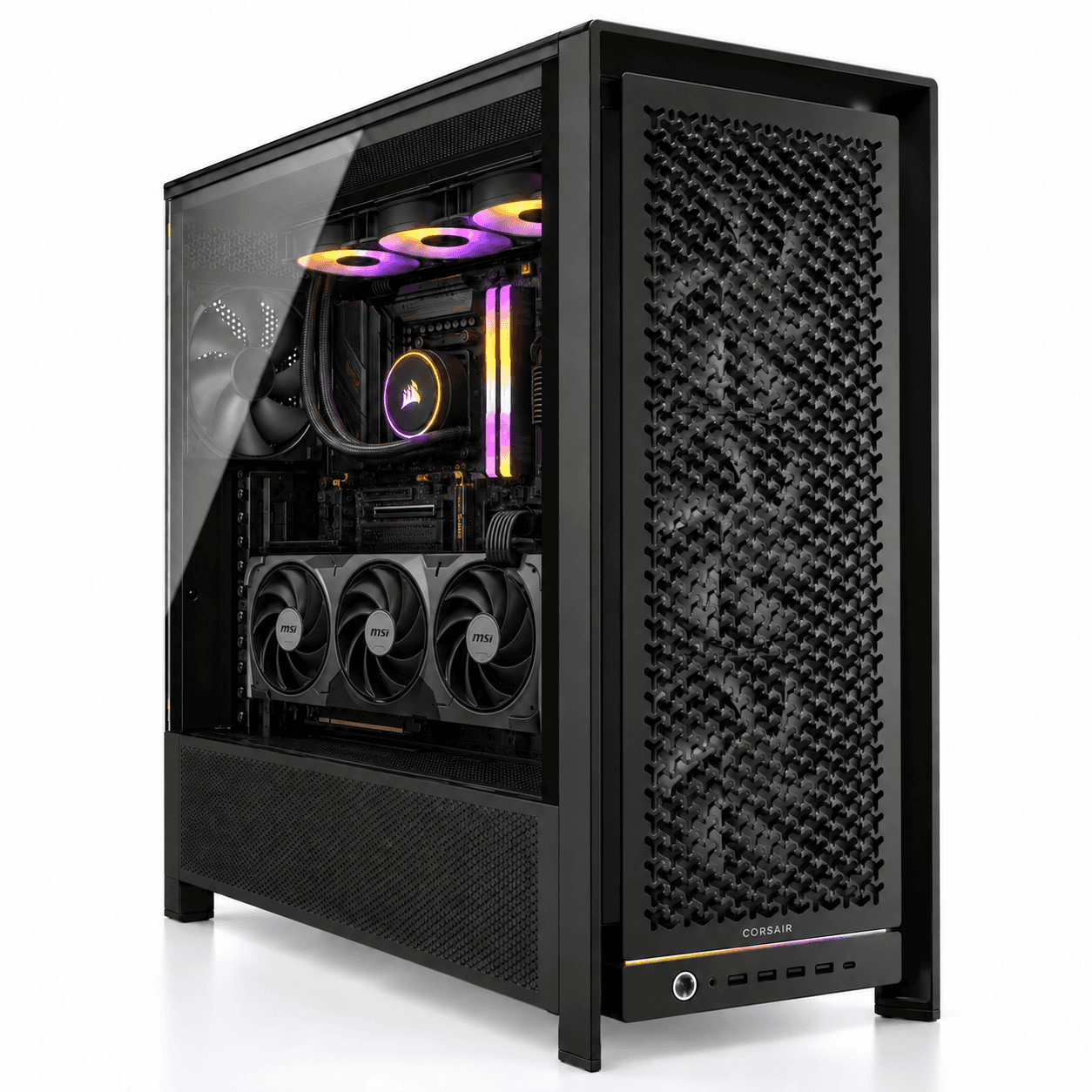 Completed RTX 5080 gaming PC in the specified black case with a vertically mounted GPU