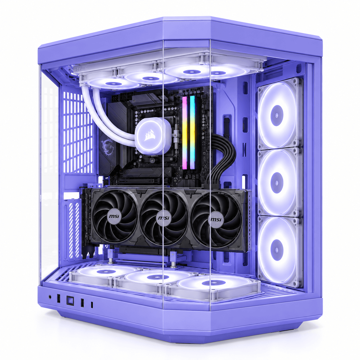 Completed RTX 5080 gaming PC in the specified purple case with a vertically mounted GPU