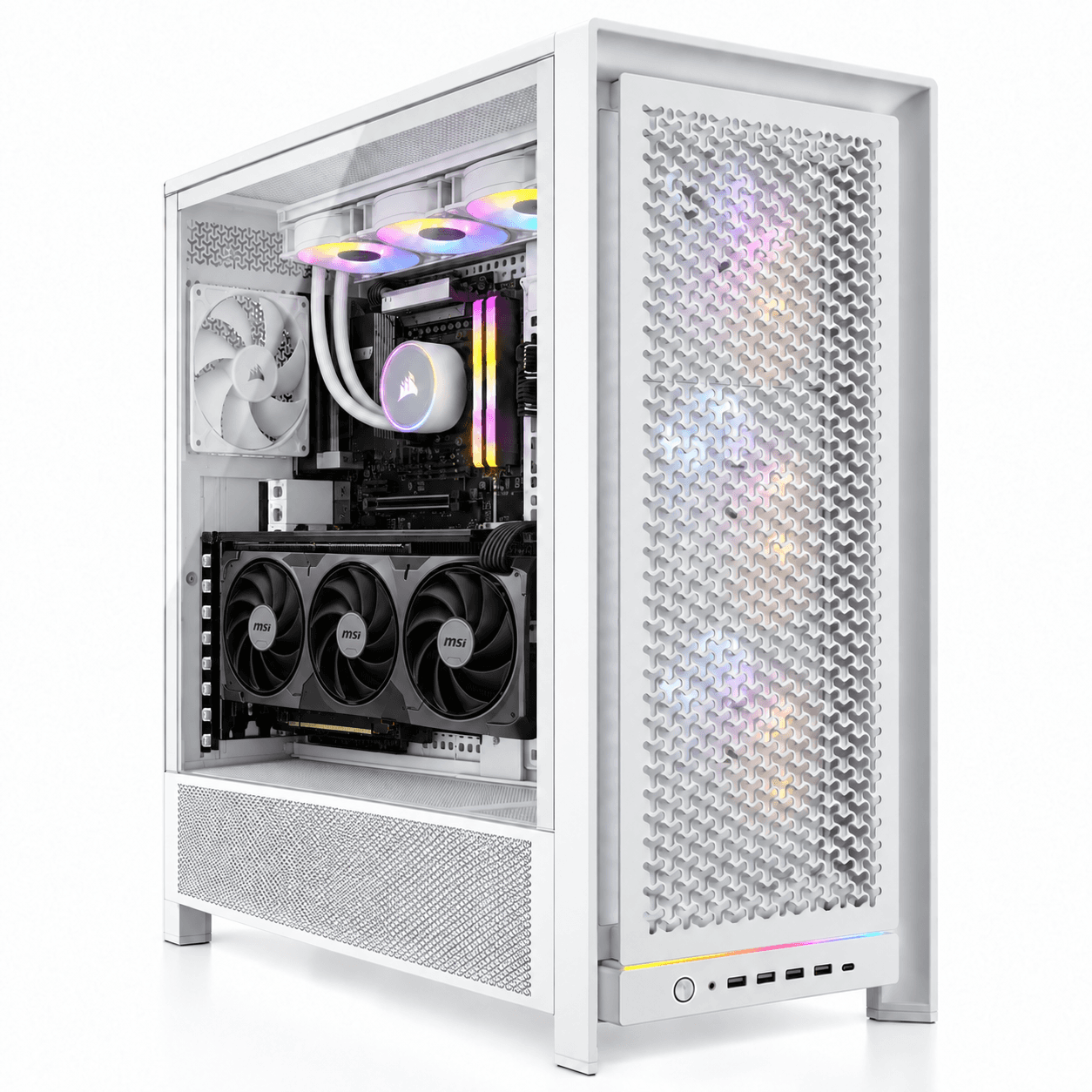 Completed RTX 5080 gaming PC in the specified white case with a vertically mounted GPU