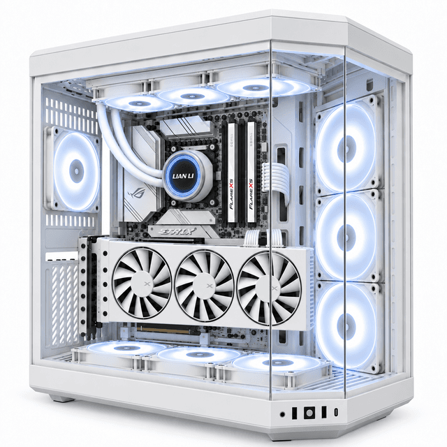 Valence Radeon RX 9070 XT Snow White Gaming PC with two white G.Skill Flare X5 memory modules, a Lian Li liquid cooler, and a vertically mounted XFX graphics card