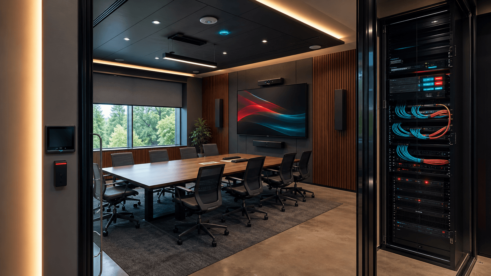 Modern conference room with commercial display, conferencing equipment, access control, and AV rack
