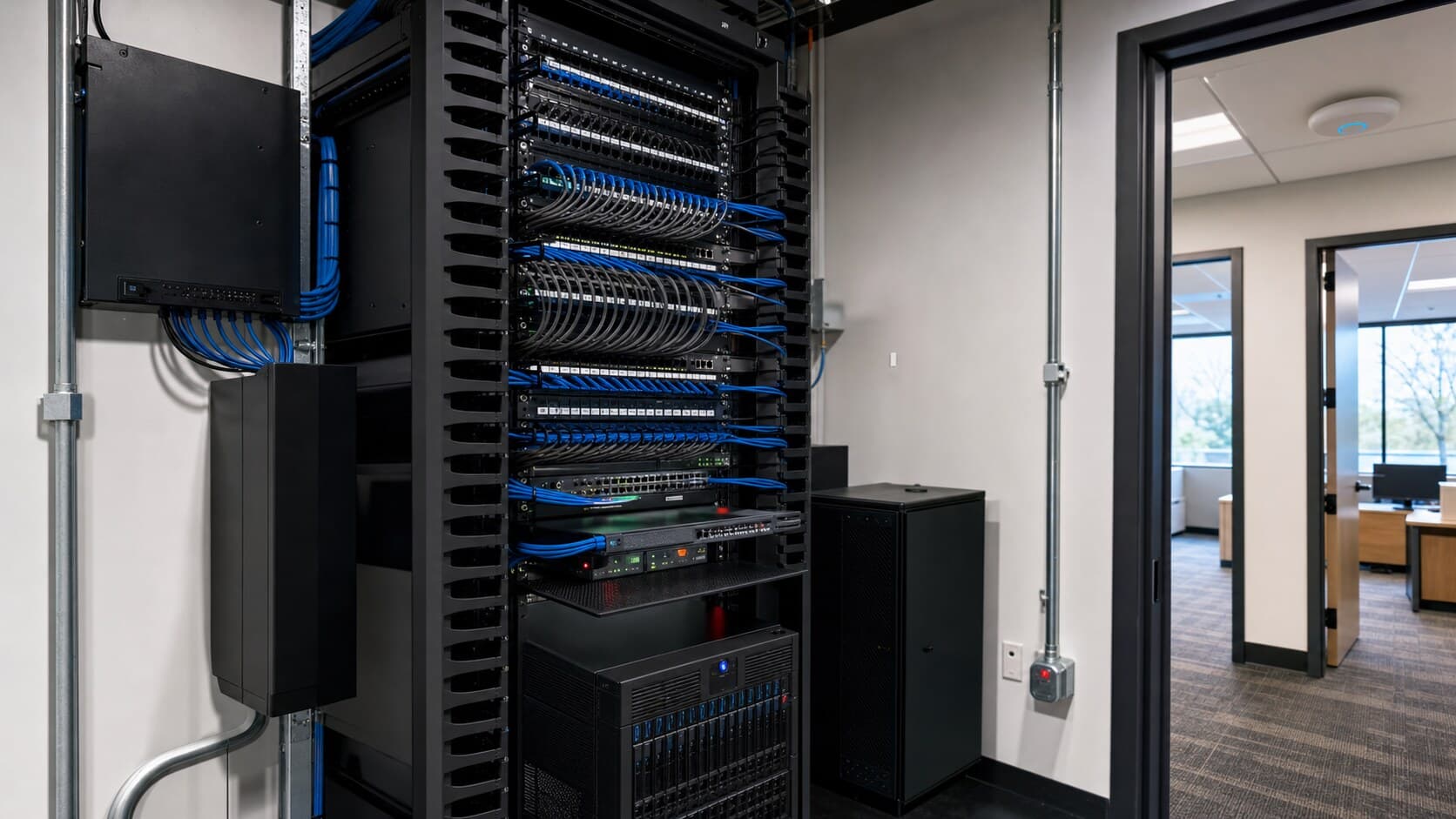Structured cabling installation with Cat6 patch panels, fiber, cable management, and network racks
