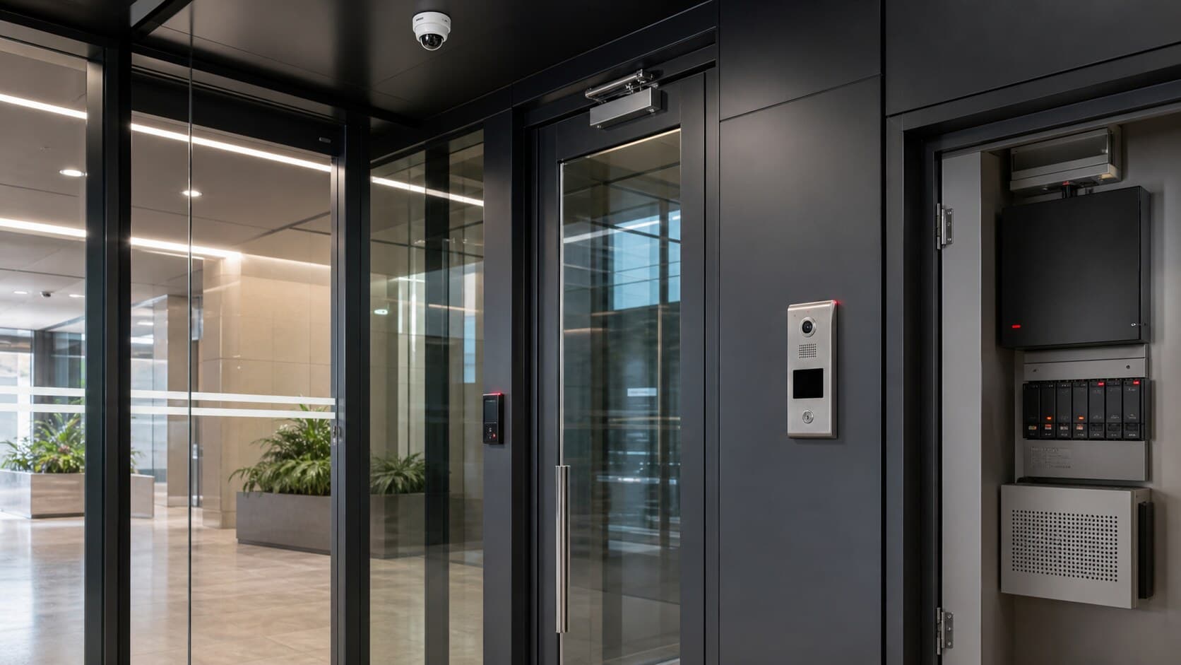 Professional security camera installation with video doorbell, access control, and organized surveillance panel