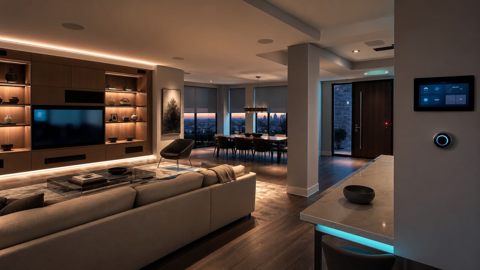 Smart home automation with lighting, shades, thermostat, touchscreen, smart lock, speakers, and organized control equipment