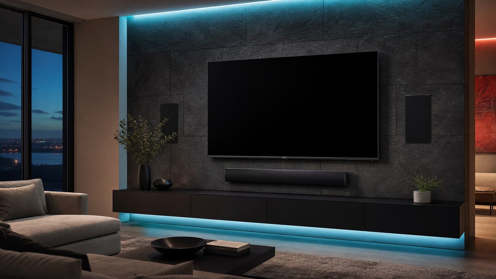 Professional TV mounting with concealed wiring, soundbar, in-wall speakers, and organized AV equipment