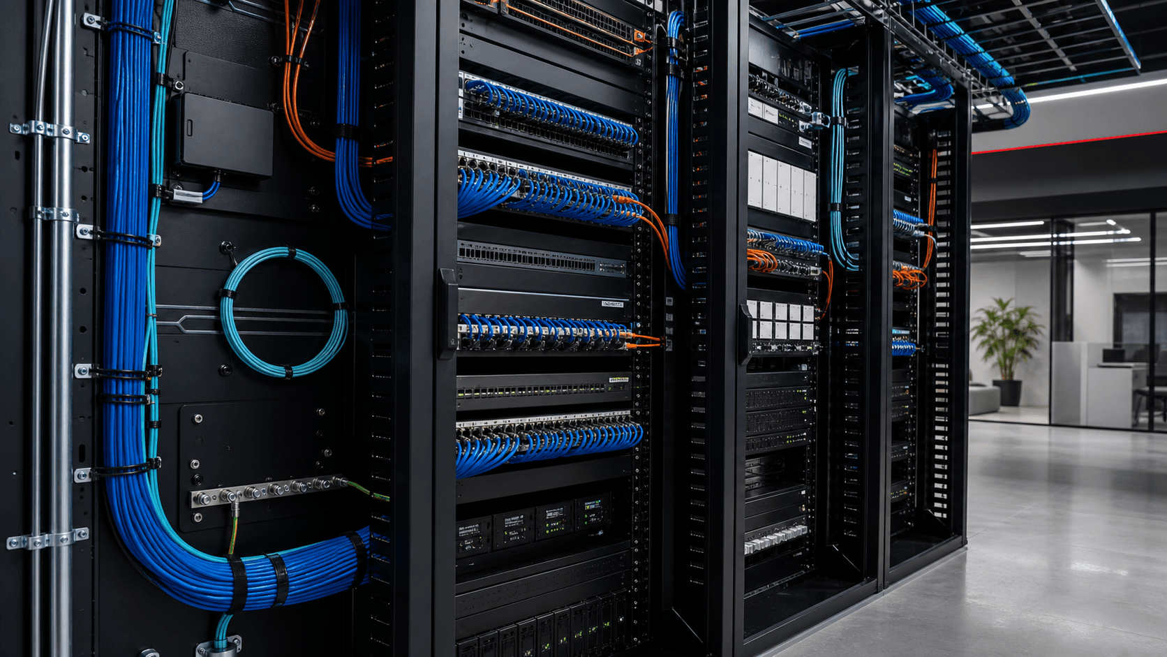 Professional network rack with organized structured cabling and fiber