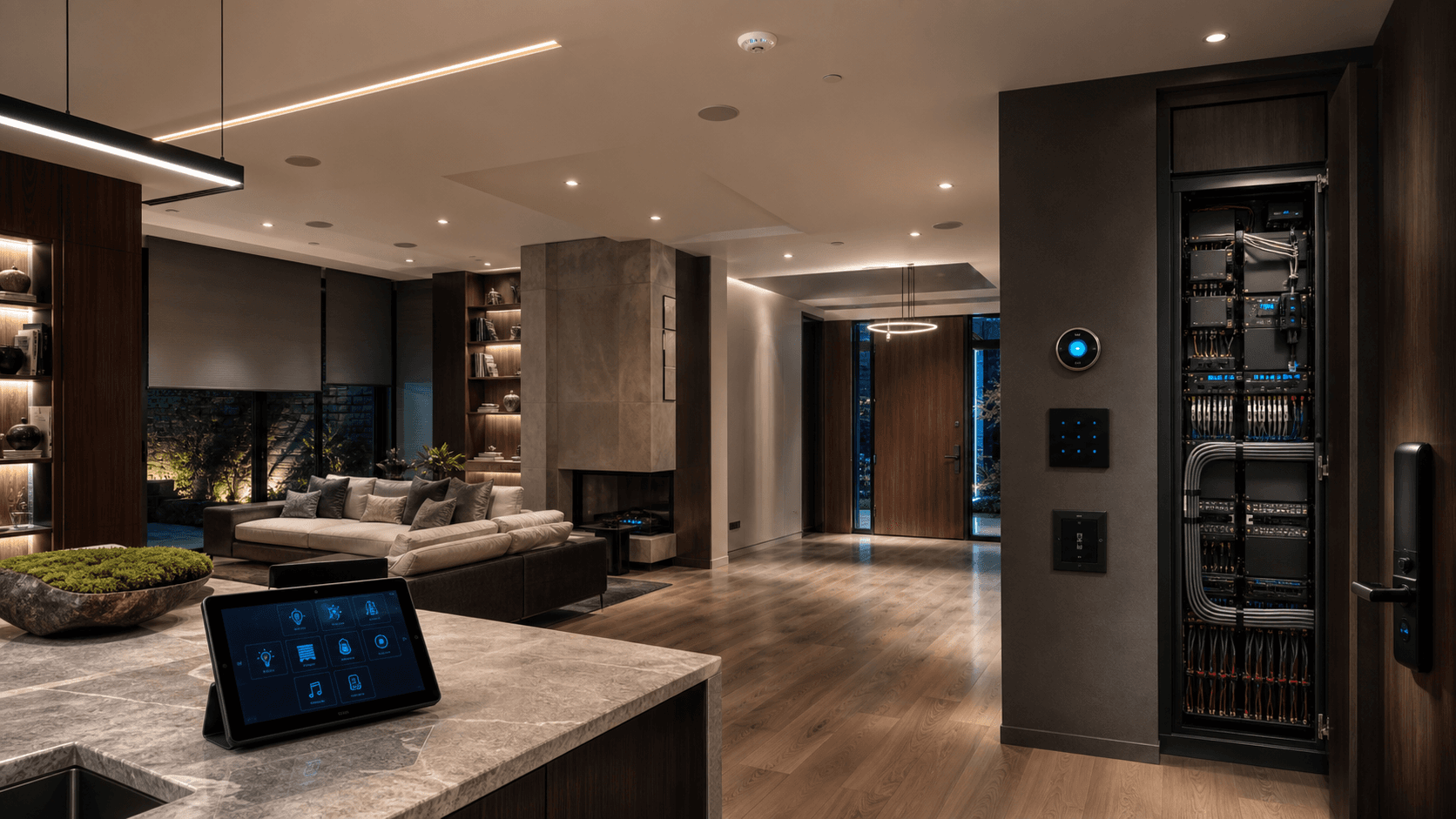 Integrated smart home with lighting, shades, climate controls, and organized automation rack