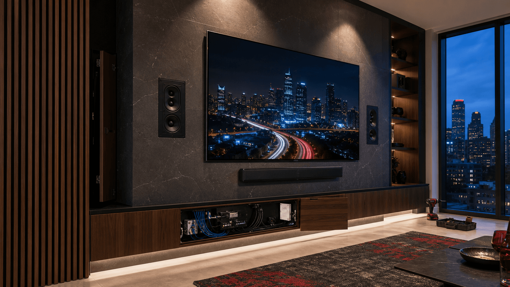 Professionally installed television, speakers, soundbar, concealed wiring, and AV equipment