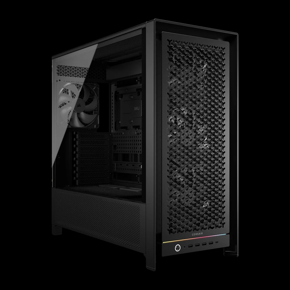 Exact black Corsair case offered with the Valence RTX 5080 gaming package, shown empty
