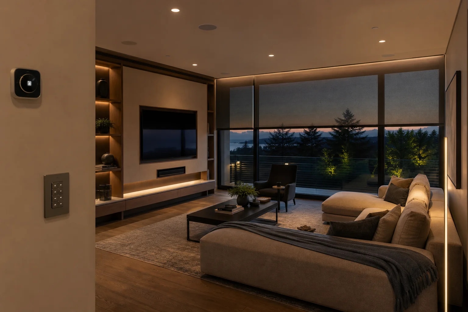 Illustrative connected living room with automated lighting, shades, climate control, entertainment, and wall keypad
