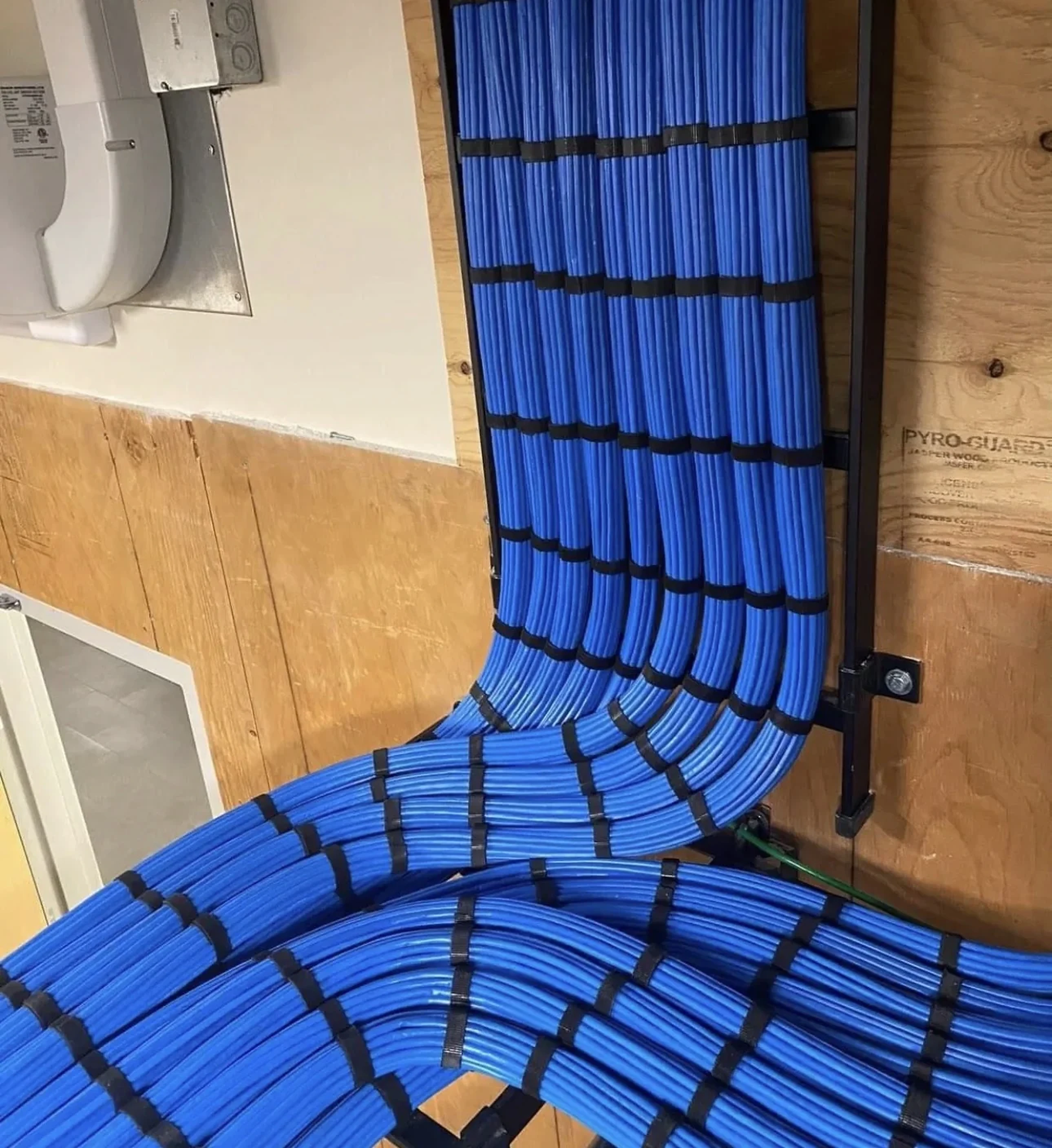 Real blue structured cabling backbone organized through wall-mounted supports