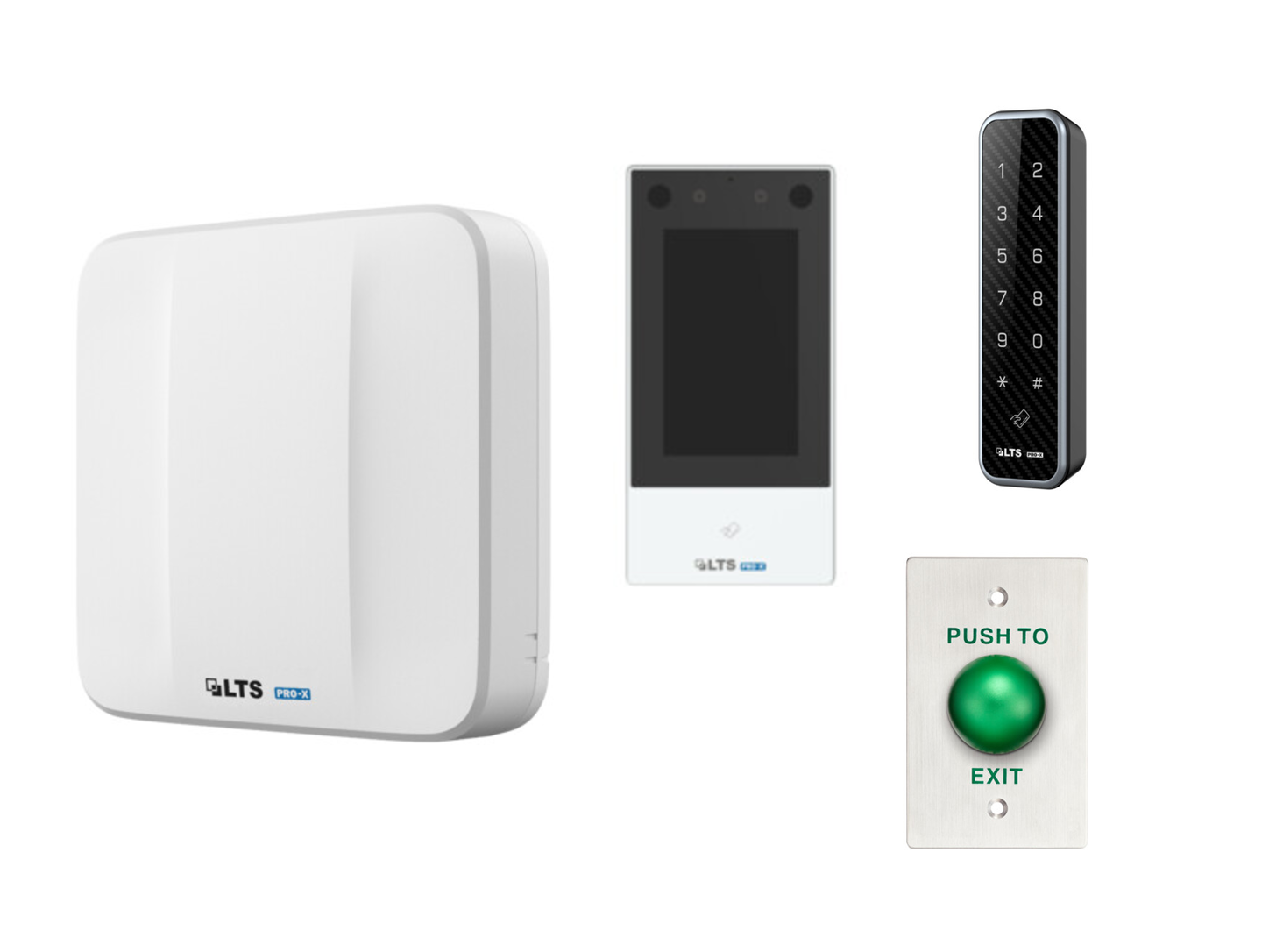 LTS access controller, face-recognition terminal, card reader, and exit button arranged on a clean white background