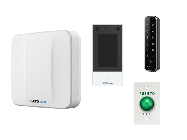 LTS access controller, face-recognition terminal, card reader, and exit button arranged on a clean white background