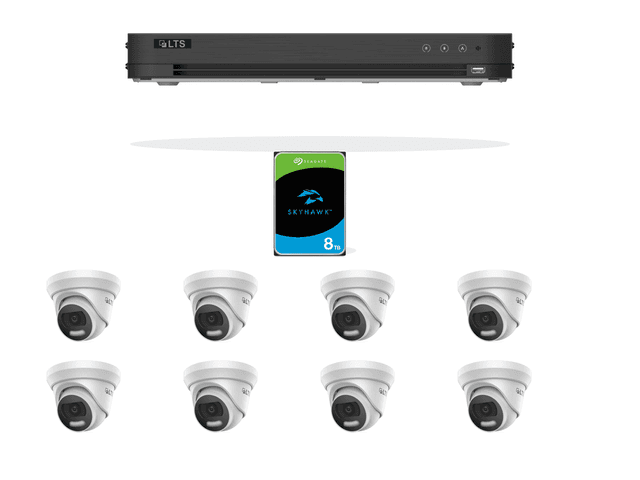 One LTS 8-channel 4K DVR, eight LTS 8MP turret cameras, and one Seagate SkyHawk 8TB surveillance drive on a clean white background
