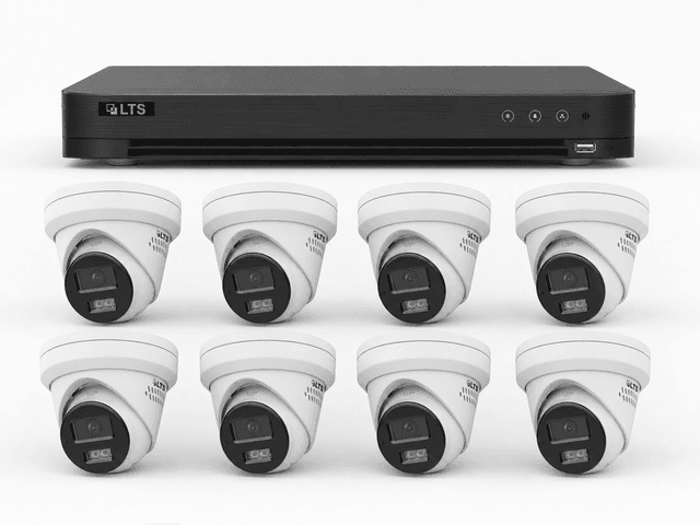 One LTS 8-channel DVR with eight LTS two-way-audio turret cameras