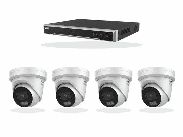 One LTS 8-channel 4K PoE recorder with four LTS 8MP AI Color 24/7 turret cameras