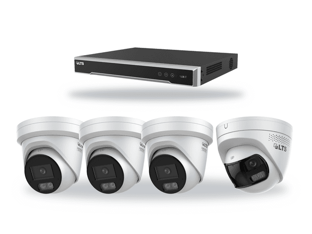 One LTS 8-channel PoE recorder with three LTS 4MP Color AI turret cameras and one LTS 8MP panoramic active-deterrence camera