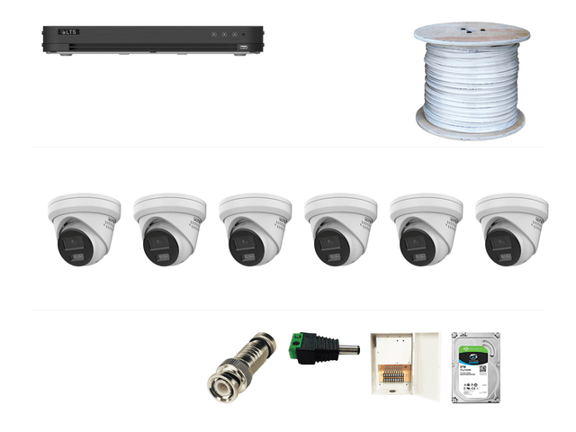 One LTS eight-channel DVR, six LTS 2MP two-way-audio cameras, one 1,000-foot RG59 Siamese cable box, BNC and DC terminations, one nine-port camera power box, and one 2TB Seagate SkyHawk drive