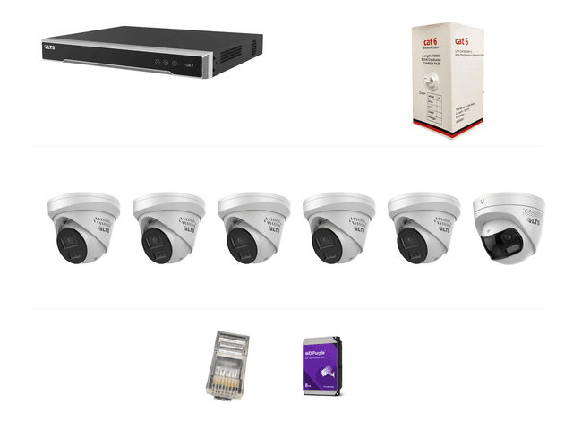 One LTS eight-channel 4K PoE NVR, five LTS 8MP dual-microphone cameras, one LTS 8MP 180-degree panoramic two-way-audio camera, one 1,000-foot Cat6 cable box, two sealed 10-packs of RJ45 connectors, and one 8TB WD Purple surveillance drive