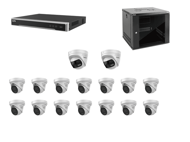 One LTS sixteen-channel PoE NVR, fourteen LTS 4MP active-deterrence cameras, two LTS 8MP panoramic active-deterrence cameras, and one black TECMOJO 9U wall-mount cabinet on a clean white background