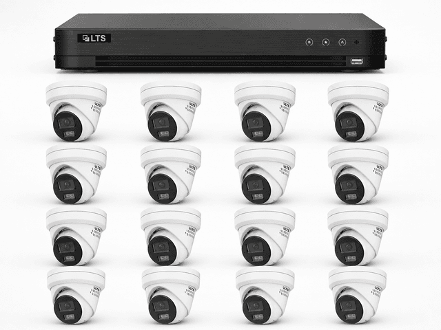 One LTS 16-channel DVR with sixteen LTS two-way-audio turret cameras