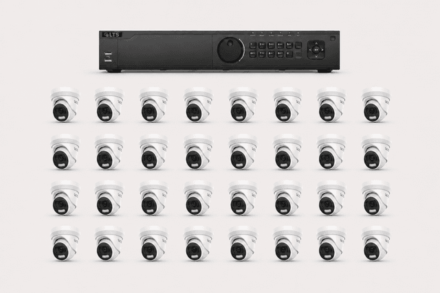 One LTS enterprise 32-channel DVR with thirty-two LTS 8MP 4K HD-TVI turret cameras