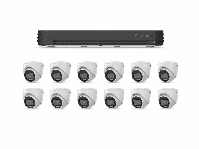 One LTS 16-channel DVR with twelve LTS 2MP HD-TVI turret cameras on a clean white background