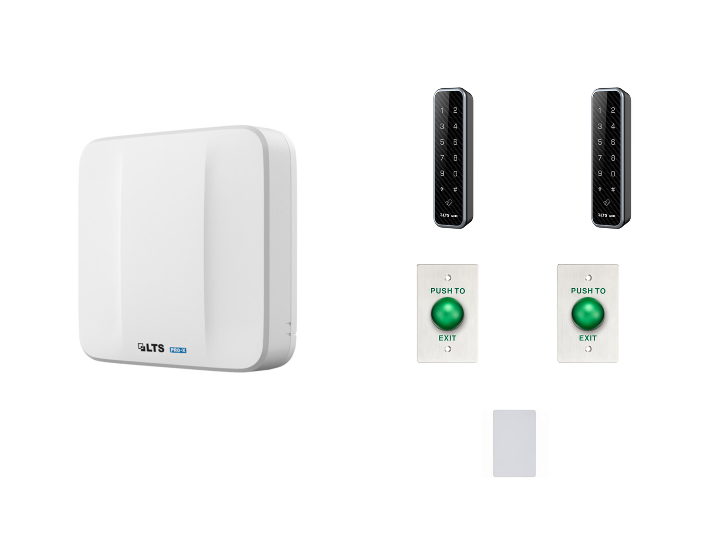 LTS two-door web access controller, two MIFARE readers, two green exit buttons, and a representative MIFARE credential on a clean white background