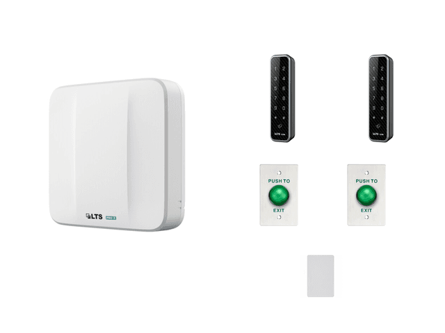 LTS two-door web access controller, two MIFARE readers, two green exit buttons, and a representative MIFARE credential on a clean white background