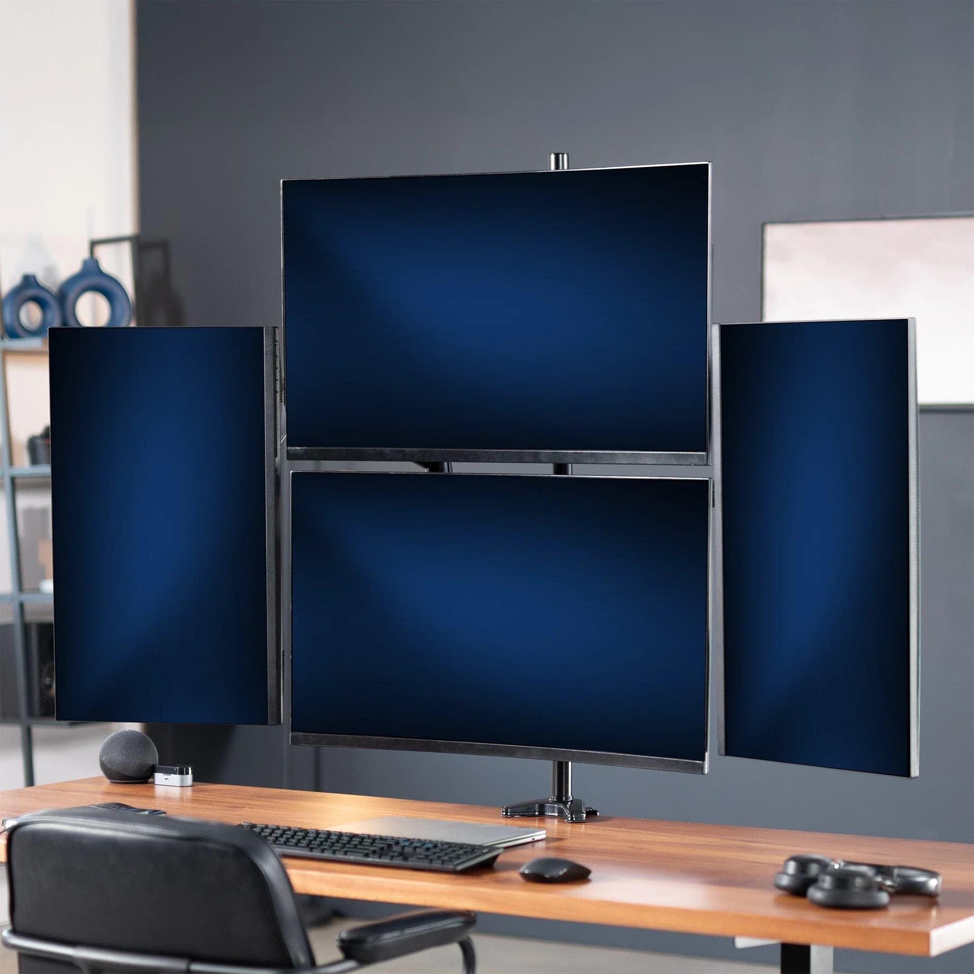 Quad Monitor Desk Mount (2 Pneumatic Arms + 2 Fixed) - Up to 32" Screens