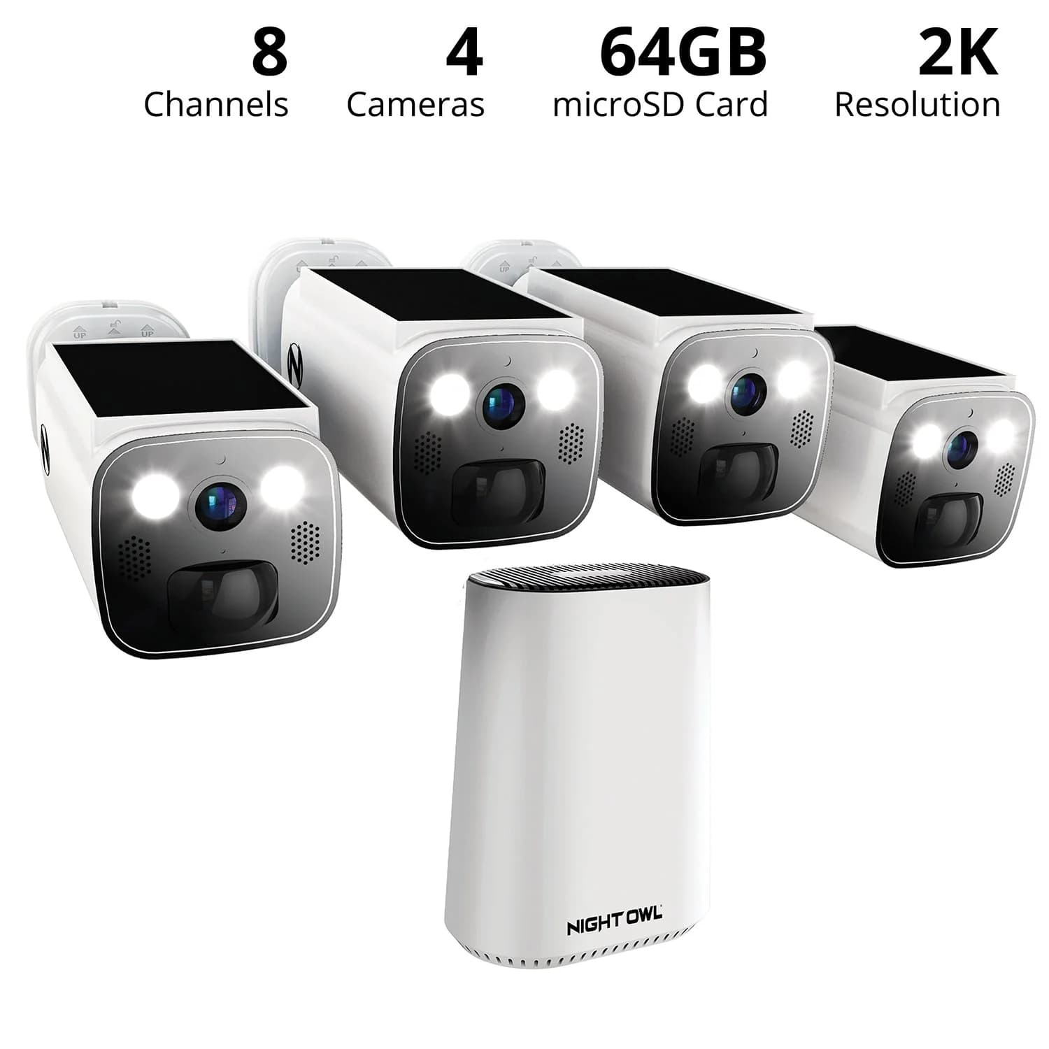 Expandable Wi-Fi Security Hub with 64GB microSD Card and 4 Wire Free Solar 2K Deterrence Cameras