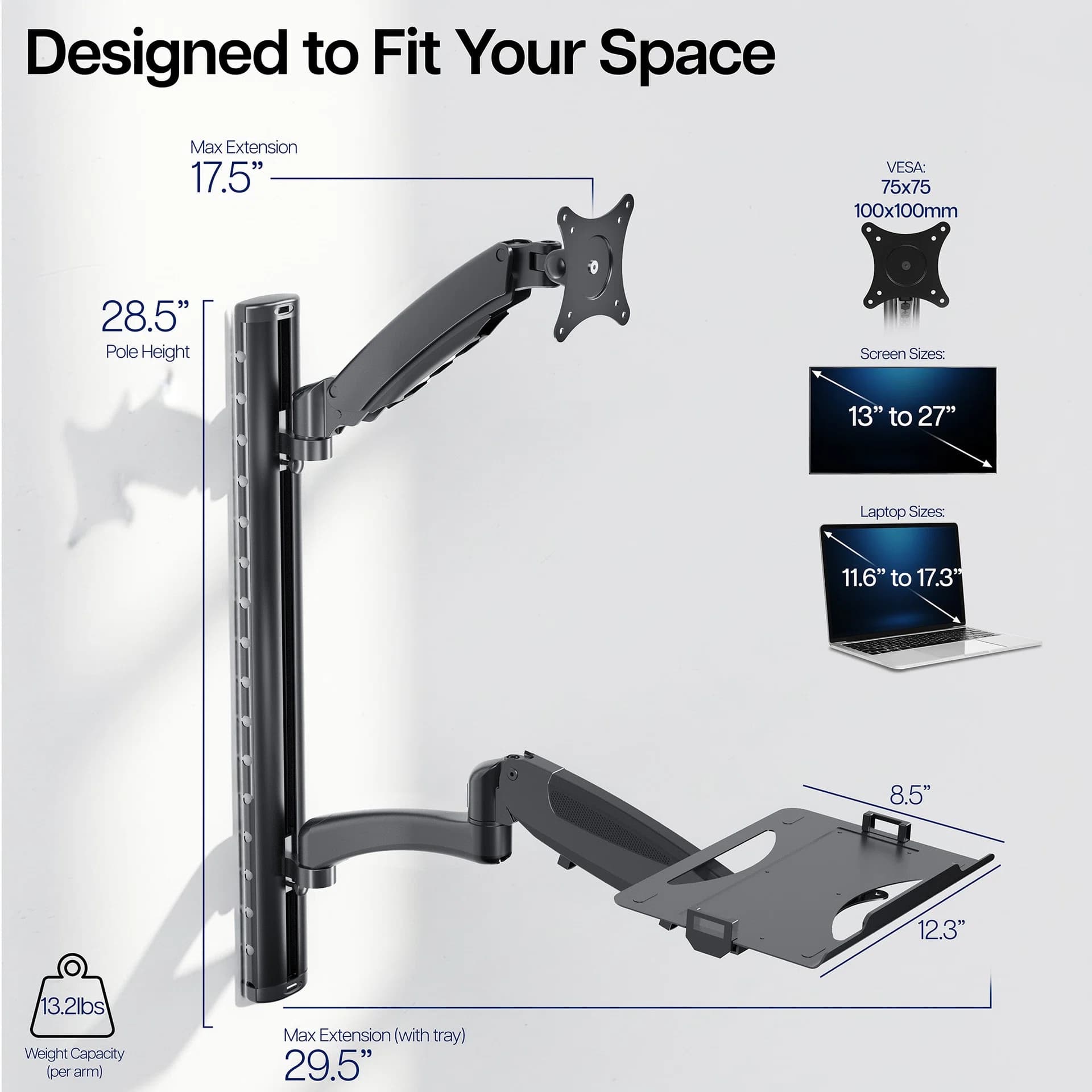 Sit to Stand Single Monitor & Laptop Wall Mount Workstation - Up to 27" Screens, 17.3" Laptops