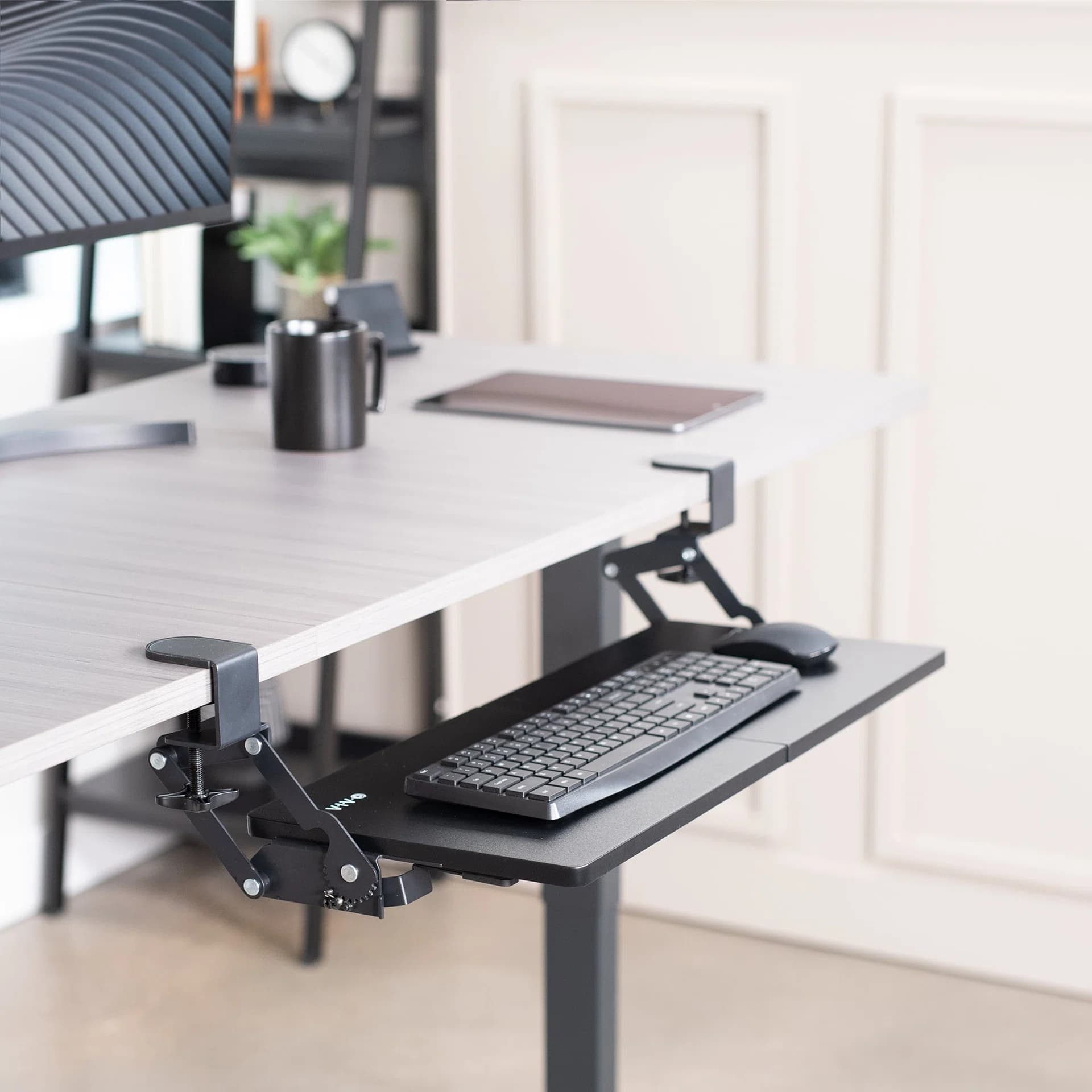 Clamp-on Keyboard Tray with Swinging Height Adjustment