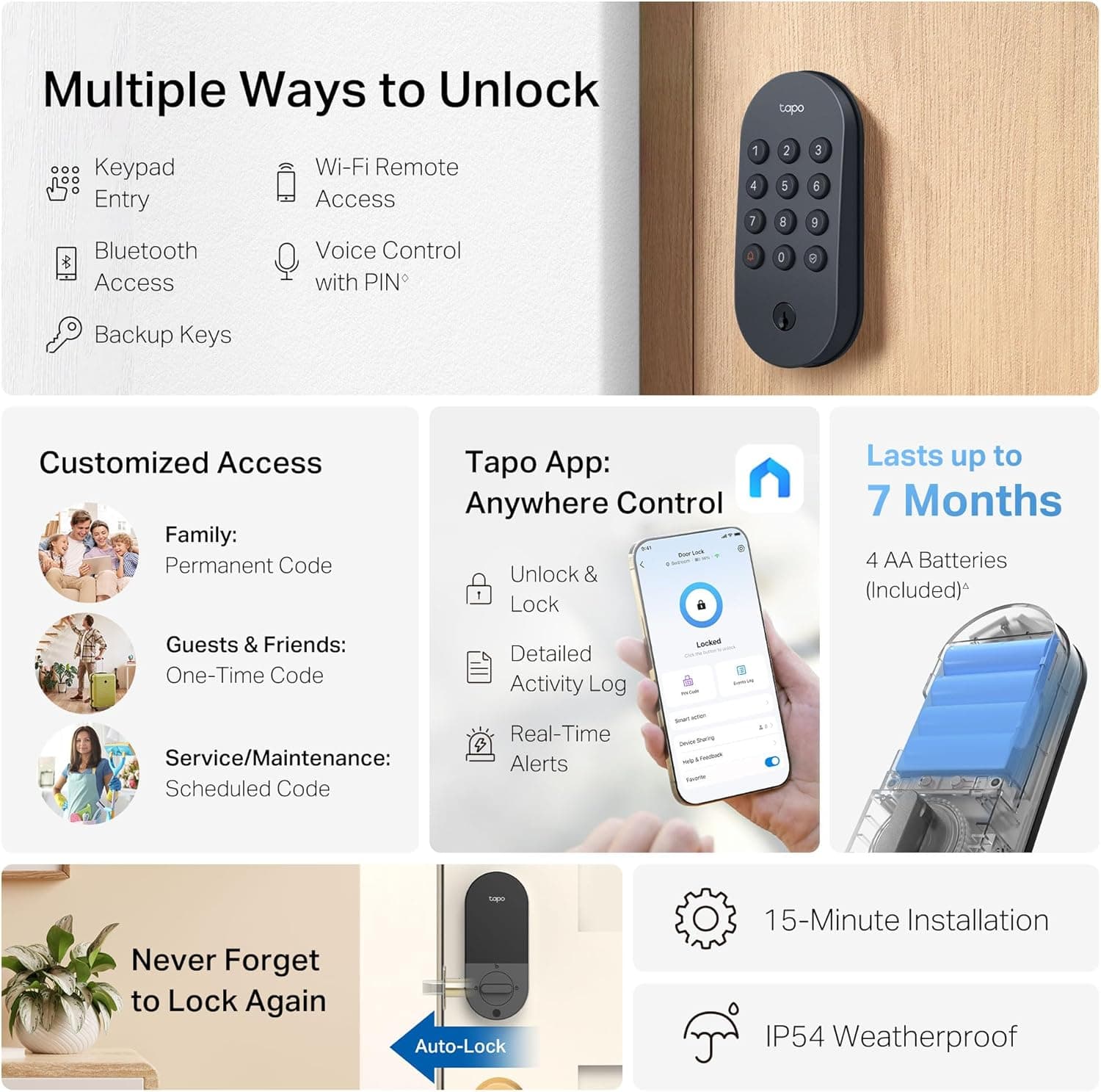 Keyless Smart Wi-Fi Deadbolt Door Lock, Tapo DL100 2-Pack