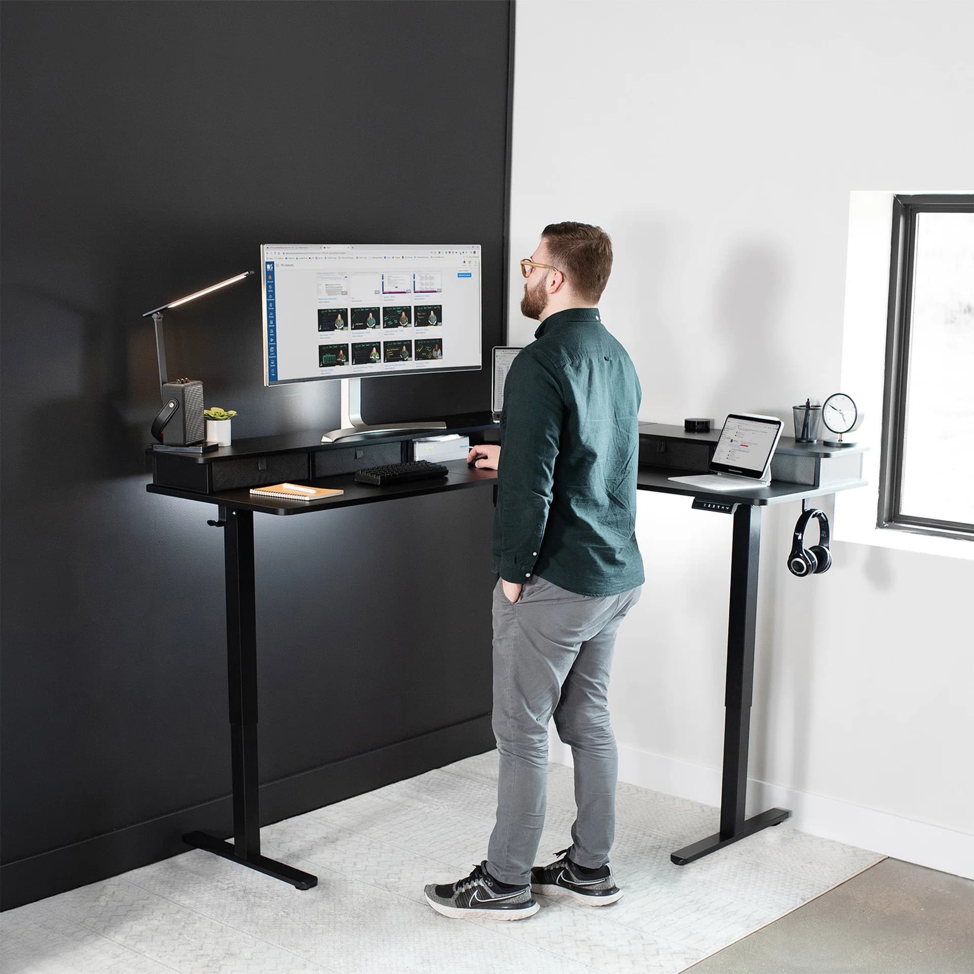 E3CV Series - Two Tier Corner Electric Desk with Storage