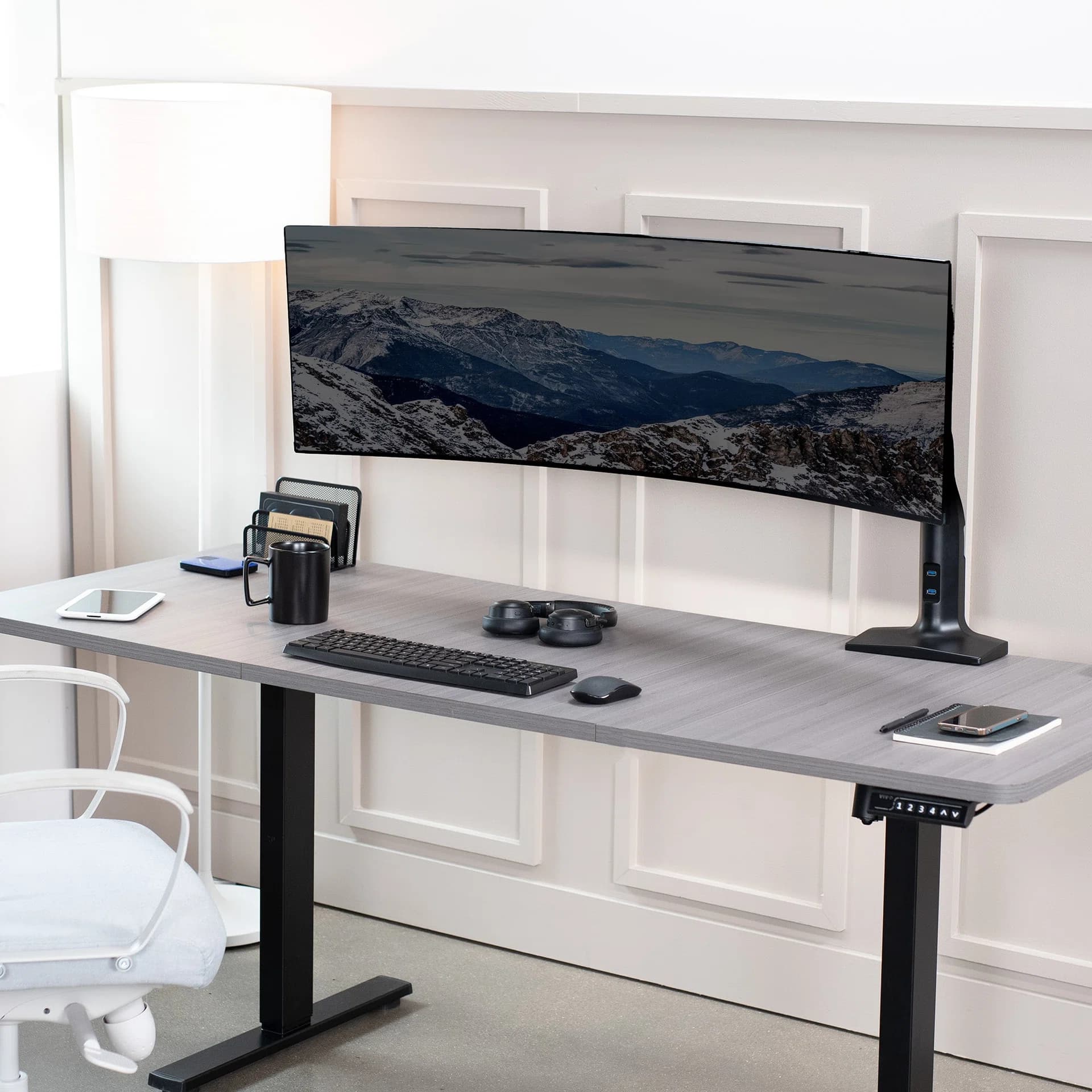 Pneumatic Arm Single Ultrawide Monitor Desk Mount with USB - Up to 49" Screens