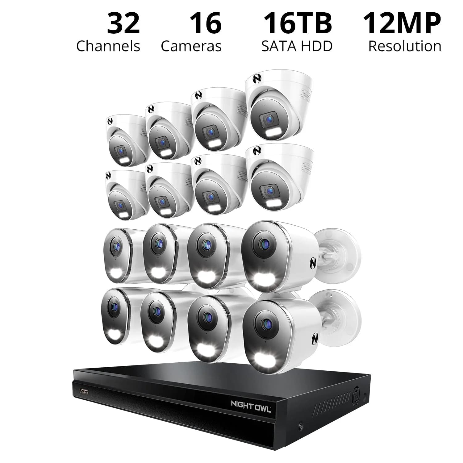 2-Way Audio 32 Channel 12MP NVR with 16TB HDD and 16 Wired IP 4K Deterrence Cameras - 8 Bullet 8 Dome
