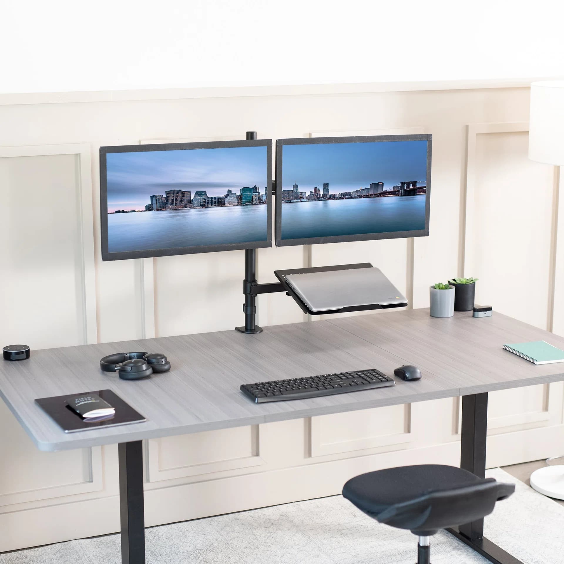 Dual Monitor Extra Tall Desk Mount with Laptop Holder - 13" to 27" Screens, Up to 17" Laptops