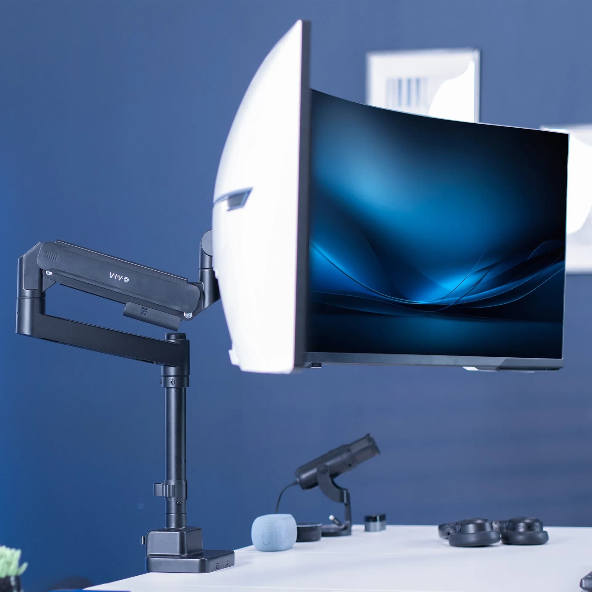 Pneumatic Arm Single Ultrawide Monitor Desk Mount - Up to 57" Screens