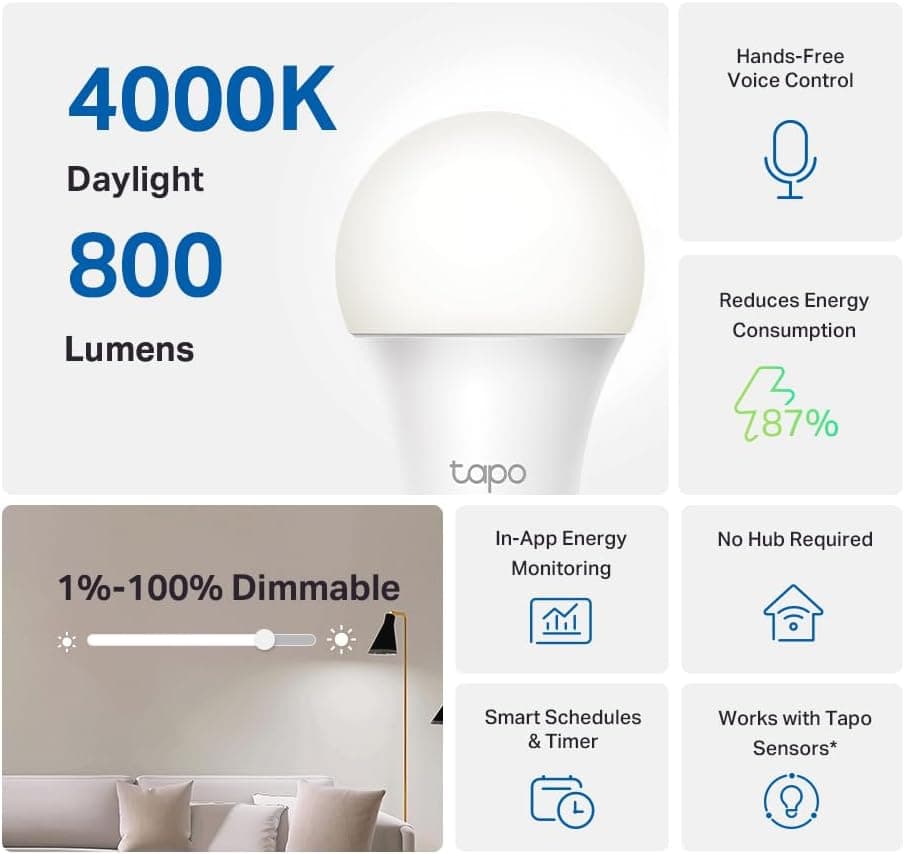 Smart Dimmable Light Bulb, 4000K, Tapo L520E(4-Pack)