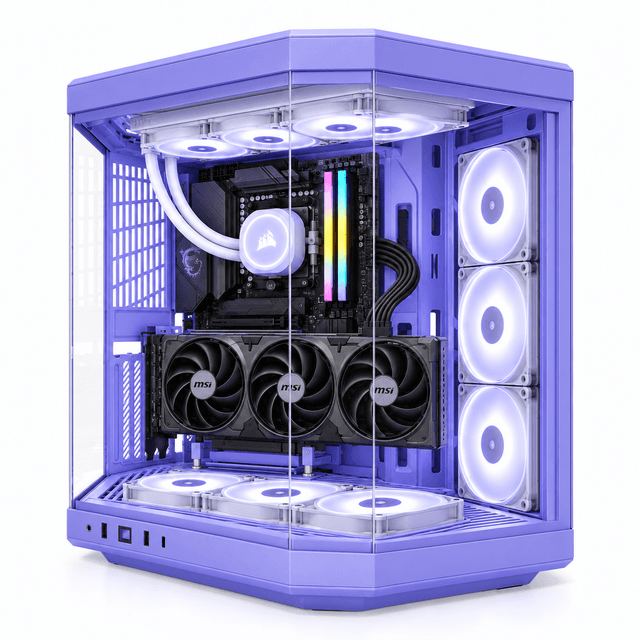 Completed RTX 5080 gaming PC in the specified purple case with a vertically mounted GPU