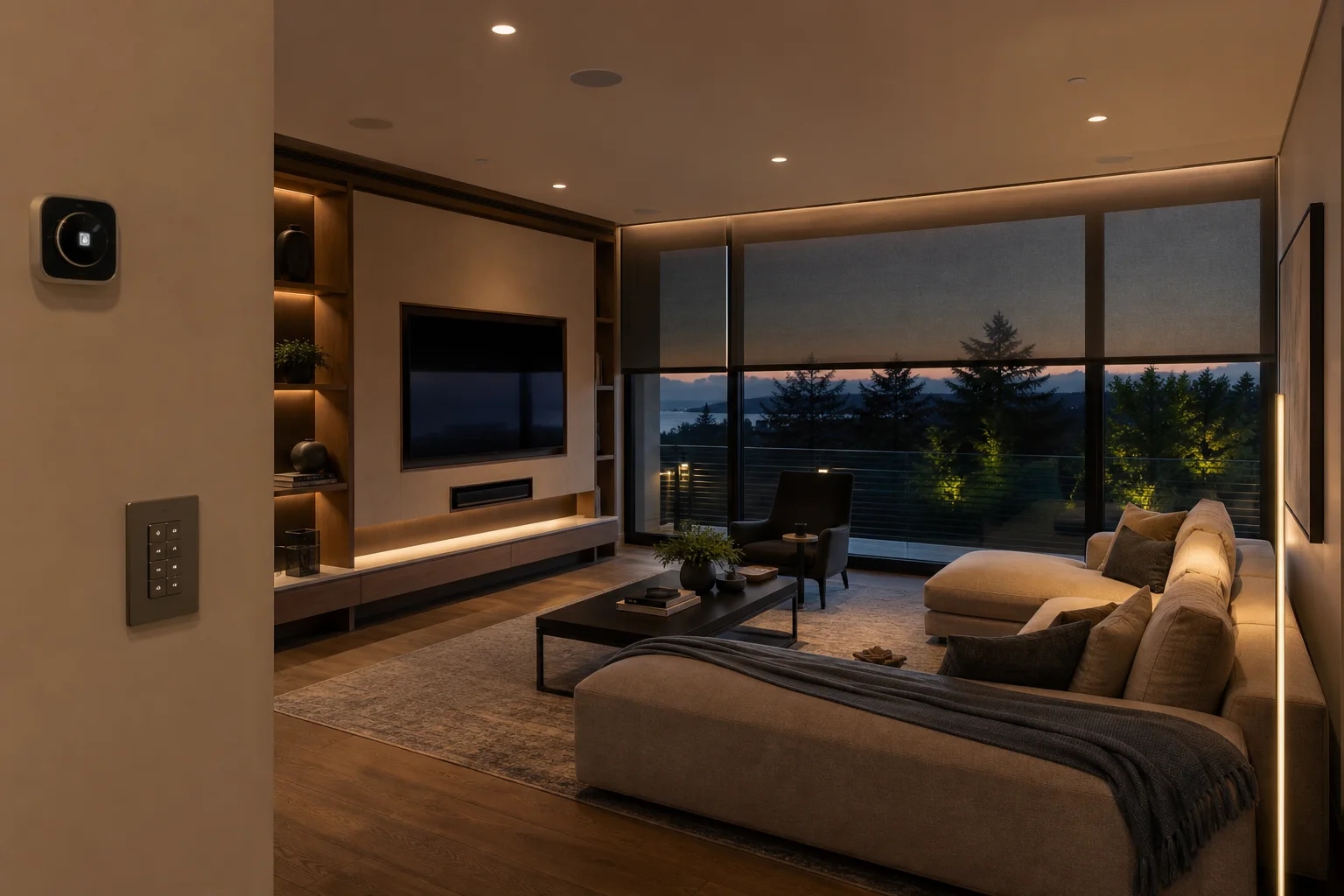 Illustrative connected living room with automated lighting, shades, climate control, entertainment, and wall keypad