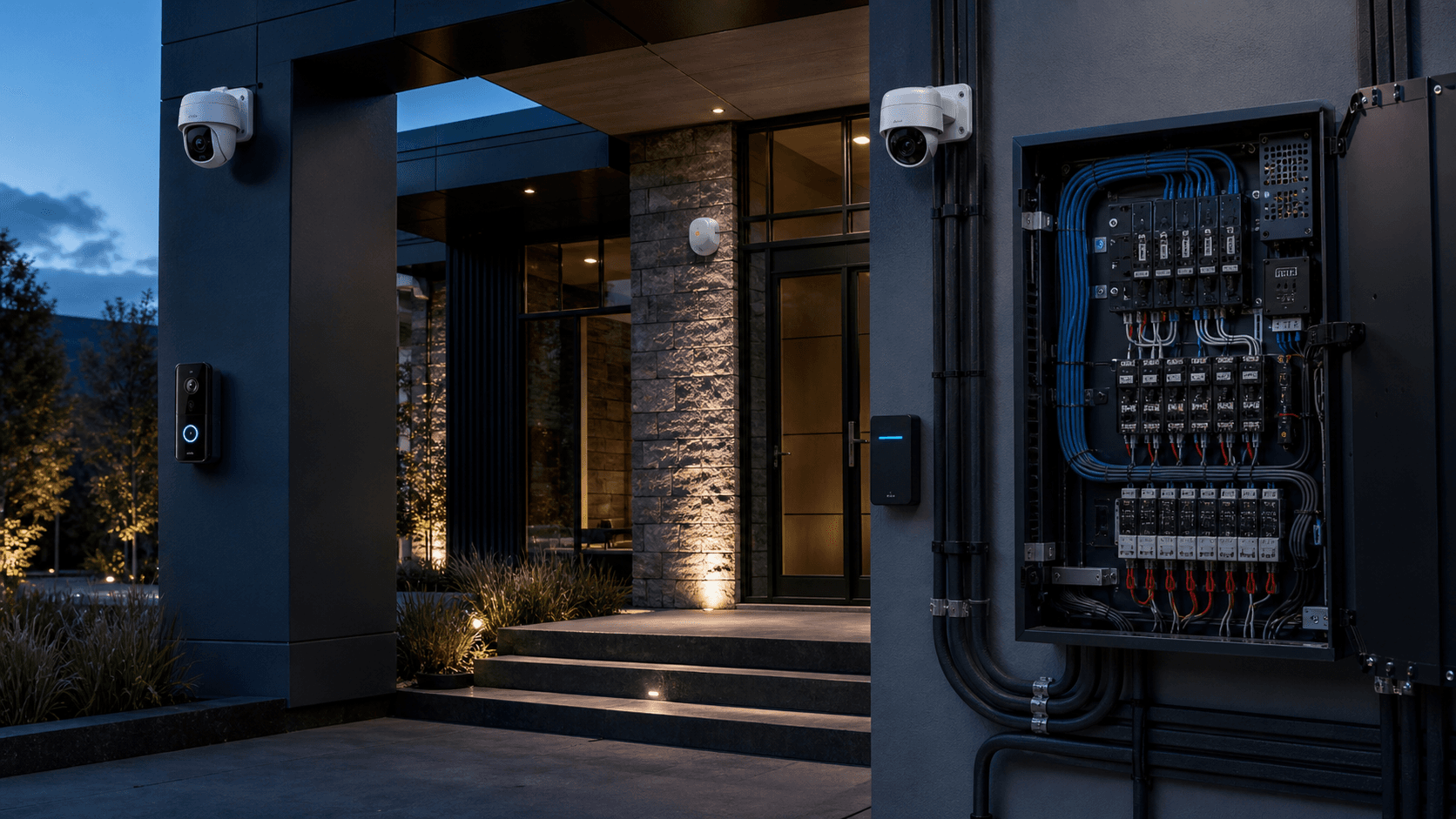 Security cameras, access control, doorbell, and organized surveillance control panel