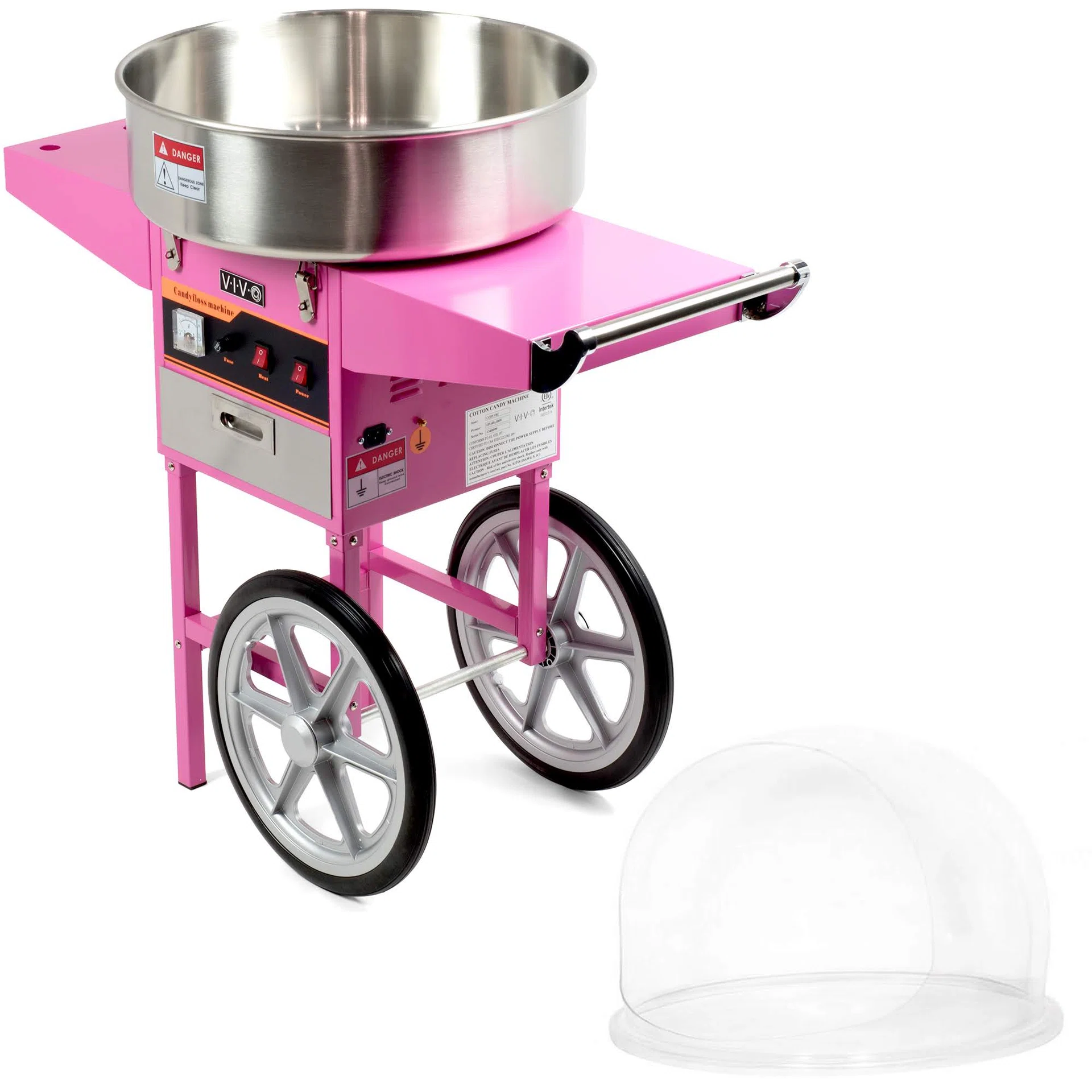 VIVO Electric Commercial Cotton Candy Machine with Cart and Bubble Shield — Pink — Product view