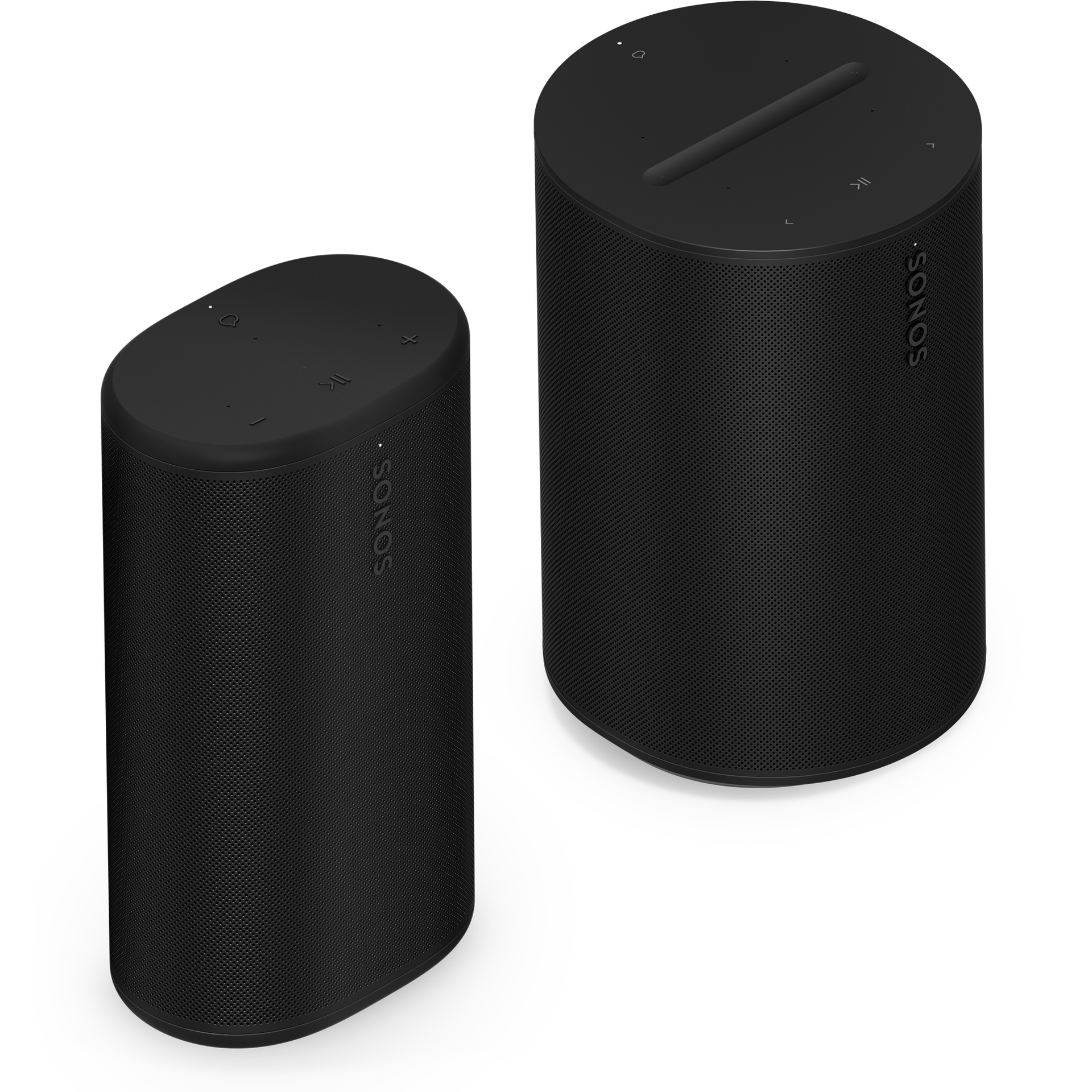 Angled view of the Sonos Play and Era 100 speaker set in black