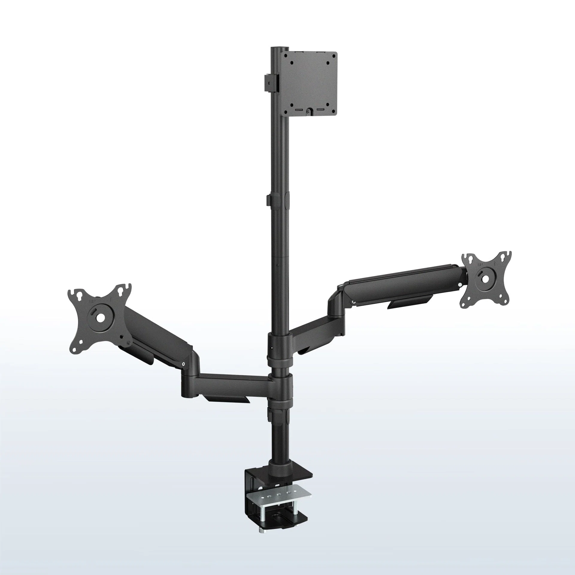 Triple Monitor Desk Mount (2 Mechanical Arms + 1 Fixed) - 32” / 49" Screens