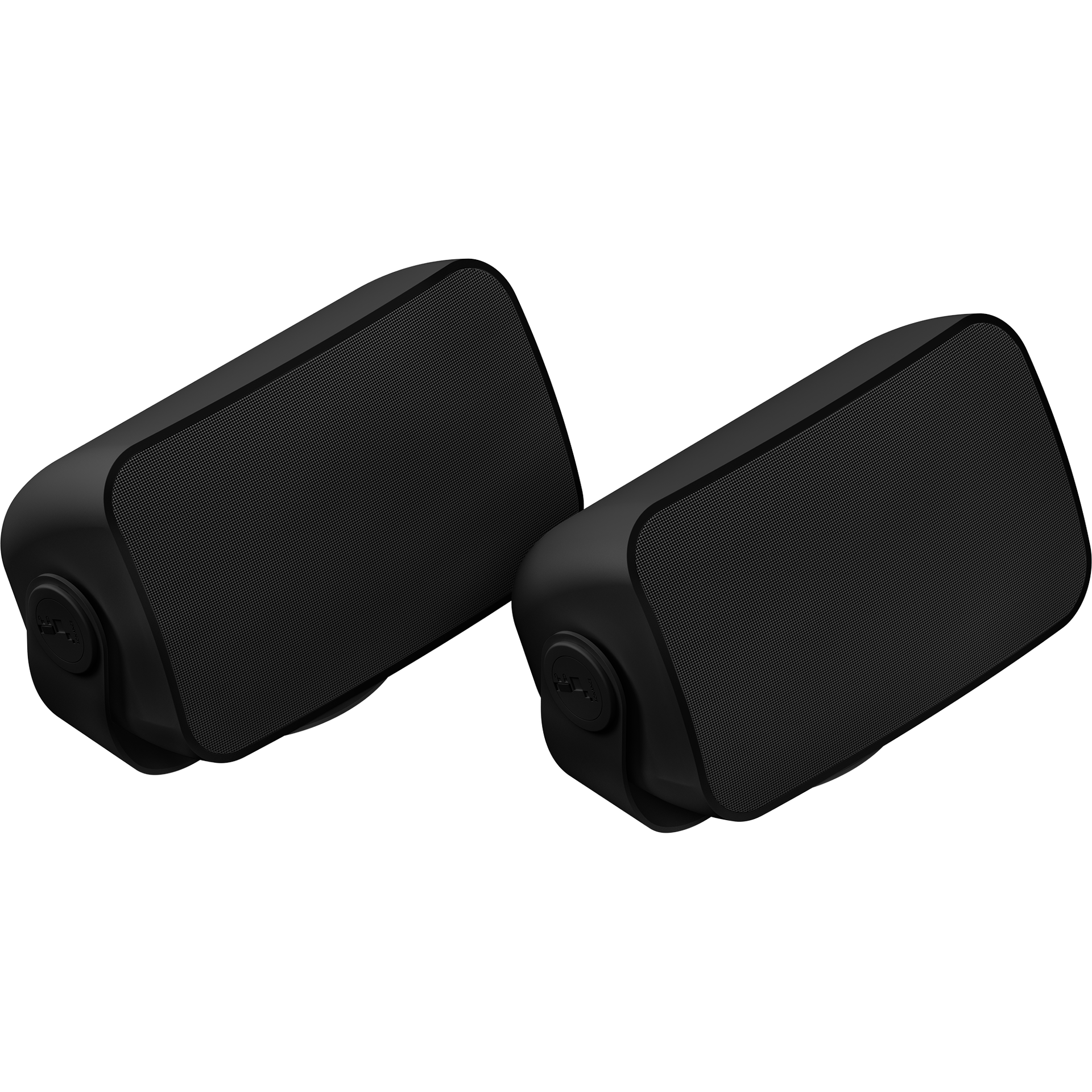 A pair of black Sonos and Sonance outdoor speakers