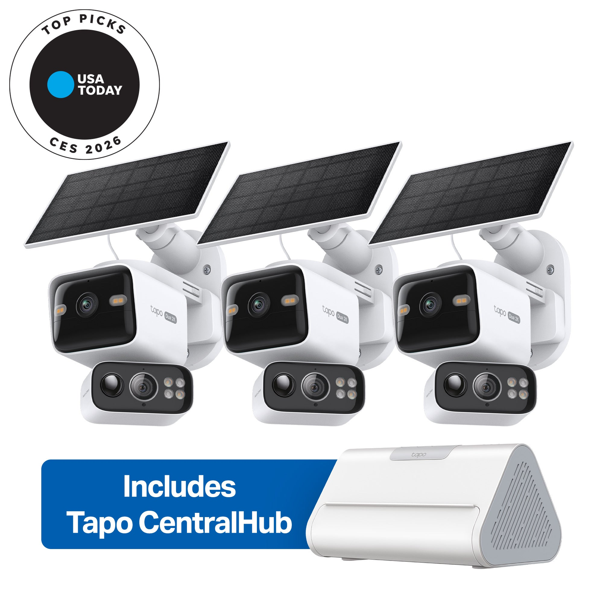 TP-Link 2K Dual-Lens Solar Pan/Tilt Security Camera Smart CentralHub Bundle, Tapo C645D Kit 3-Pack + H500 — Product view