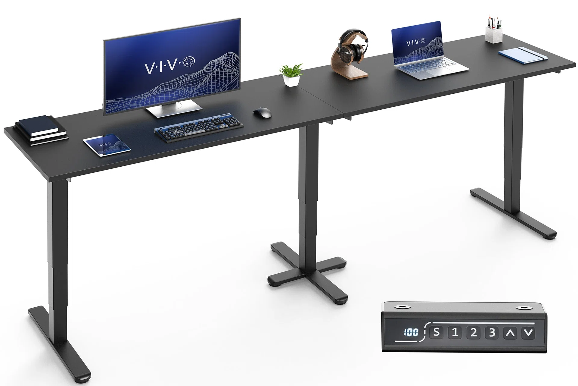 VIVO Extra Long 109" x 24" Electric Desk with Square Corner Top — Black / Black — Product view